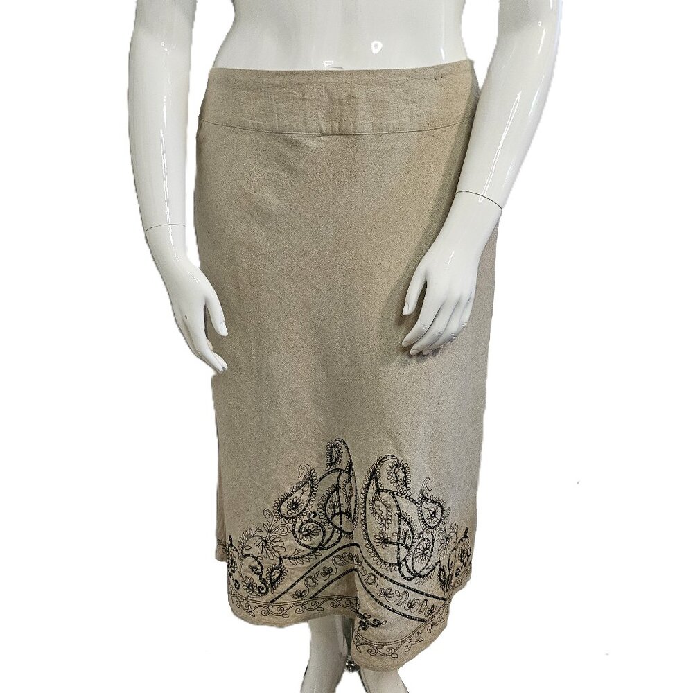 RICHARD MALCOLM Beige Embroidered  Beaded Linen Midi A-Line Skirt Size 16